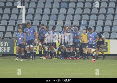 Parma, Italien. 25.. Februar 2022. Die Bullen feiern den Versuch während Zebre Rugby vs Vodacom Bullen, United Rugby Championship Spiel in Parma, Italien, Februar 25 2022 Quelle: Independent Photo Agency/Alamy Live News Stockfoto