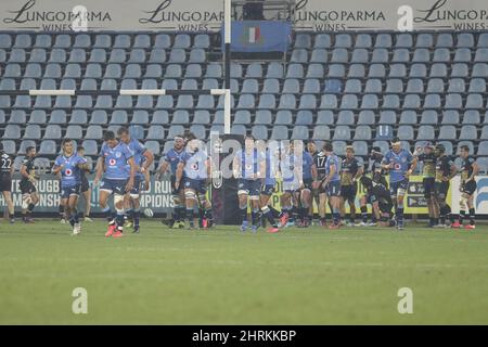 Parma, Italien. 25.. Februar 2022. Die Bullen feiern den Versuch während Zebre Rugby vs Vodacom Bullen, United Rugby Championship Spiel in Parma, Italien, Februar 25 2022 Quelle: Independent Photo Agency/Alamy Live News Stockfoto