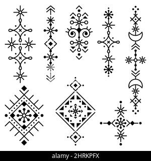 Isländischer Runenkunst-Stil geometrische Tribal-Linien-Art Vektor langes Design-Set, schwarz-weiße Ornamente inspiriert von Viking-Mustern Stock Vektor