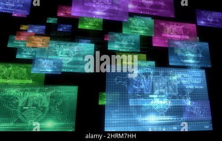 VPN auf dem Computerbildschirm. VPN, virtuelles privates Netzwerk und verschlüsselter Verbindungstunnel Abstract Concept 3D Illustration. Stockfoto