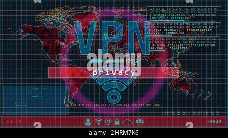 VPN auf dem Computerbildschirm. VPN, virtuelles privates Netzwerk und verschlüsselter Verbindungstunnel Abstract Concept 3D Illustration. Stockfoto