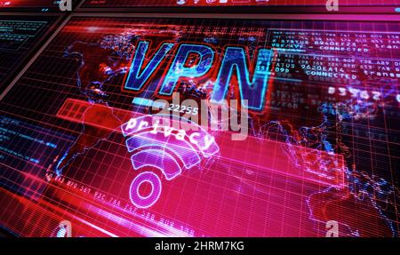 VPN auf dem Computerbildschirm. VPN, virtuelles privates Netzwerk und verschlüsselter Verbindungstunnel Abstract Concept 3D Illustration. Stockfoto