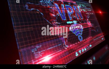 VPN auf dem Computerbildschirm. VPN, virtuelles privates Netzwerk und verschlüsselter Verbindungstunnel Abstract Concept 3D Illustration. Stockfoto