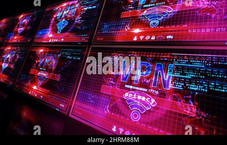 VPN auf dem Computerbildschirm. VPN, virtuelles privates Netzwerk und verschlüsselter Verbindungstunnel Abstract Concept 3D Illustration. Stockfoto