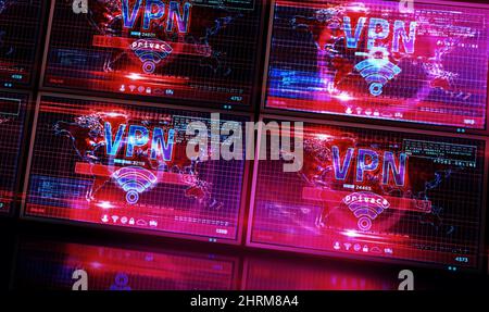 VPN auf dem Computerbildschirm. VPN, virtuelles privates Netzwerk und verschlüsselter Verbindungstunnel Abstract Concept 3D Illustration. Stockfoto