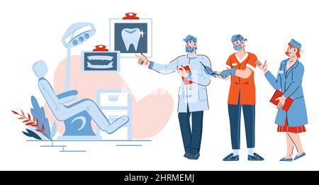 Web Page Vorlage für Zahnklinik mit Charakteren von Zahnärzten, Cartoon-Vektor-Illustration. Website Banner Design für Zahnmedizin und Zahnmedizin Büro Stock Vektor