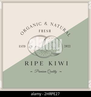 Kiwi Fruit Label-Vorlage. Design-Layout Für Abstrakte Vektorverpackungen. Modernes Typografie-Banner mit handgezeichneter Kiwi mit Slice Sketch Silhouette Stock Vektor