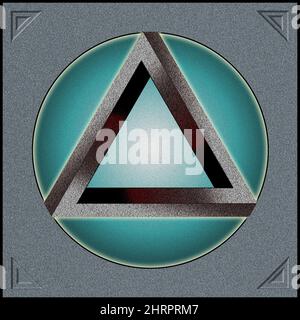 3D Darstellung eines Dreiecks mit dem Hintergrund eines hellgrünen Kreises in einem quadratischen Strukturstein Stockfoto