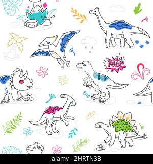 Dinosaurier-Arten - Linie Design Stil bunte Muster auf weißem Hintergrund. Lustige Bilder von Dinosauriern. Jurassic Welt und Dschungel. Tiere erkunden und p Stock Vektor