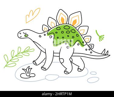 Stegosaurus Dino - Linie Design Stil Illustration mit editierbarer Kontur. Lustige Bilder von Dinosaurier mit Dornen auf dem Rücken. Jurassischer Weltdschungel. Erklären Stock Vektor