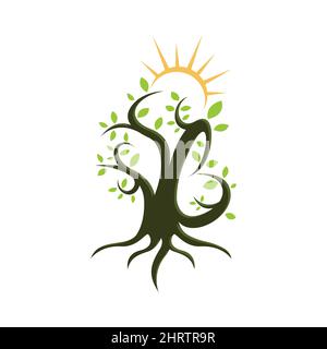 Anfangsbuchstabe B abstrakter Baum Natur Logo Designvorlage. Abstrakter Baum mit B-Form und Sonne scheint oben Stock Vektor