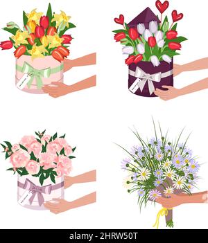 Lieferung einer runden Schachtel mit Tulpen, Narzissen und Gänseblümchen. Hände halten Blumensträuße. Vektorgrafik Stock Vektor