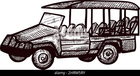 Safari-Bus-Skizze isoliert. Oldtimer-Abenteuer-Geländewagen im handgezeichneten Stil. Gravierte Ikone für Poster, Druck, Buchillustration, Logo, tat Stock Vektor
