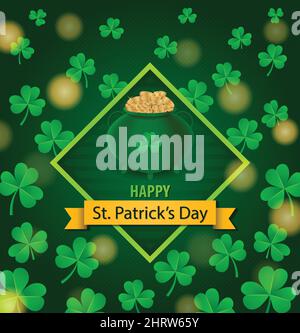 Happy St. Patrick's Day Banner Flyer Vektorgrafik. Shamrock mit goldenem Münztopf auf dunkelgrünem Musterhintergrund. Grußkarte Saint Patrick Stock Vektor