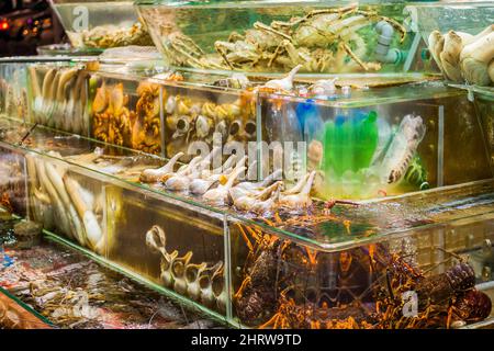 Vor einem Restaurant am Sai Kung Waterfront, Hongkong, werden in Tanks lebende Fische und Meeresfrüchte, einschließlich gefährdeter Hufeisenkrabben, ausgestellt Stockfoto