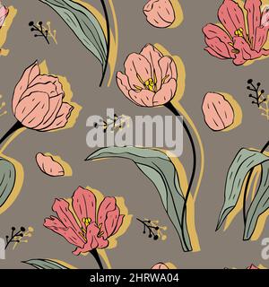 Nahtloses Muster mit roten und blauen Linien-Tulpen-Blumen auf beigem Hintergrund Stock Vektor