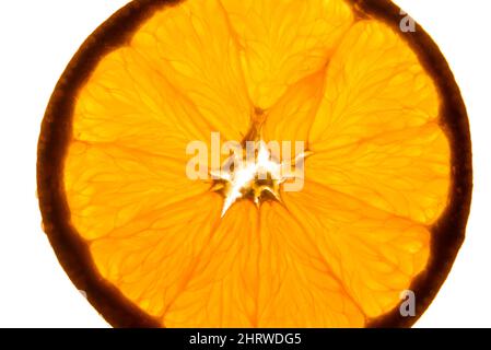 Orangefarbene, hintergrundbeleuchtete Makroansicht von oben mit leuchtenden Details Stockfoto