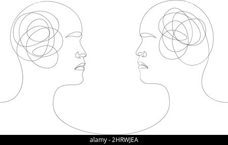 Verwirrt Gedanken und klare Gedanken Konzept. Zwei Menschen mit einem bedingten Bild des Gehirns in Form eines wirren Balls und eines geraden. Editierbar Stock Vektor
