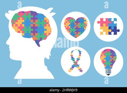 Fünf Symbole für Autismus-Tage Stock Vektor