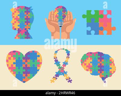 Sechs Symbole für Autismus-Tage Stock Vektor