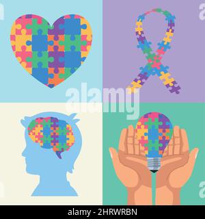 Vier Symbole für Autismus-Tage Stock Vektor