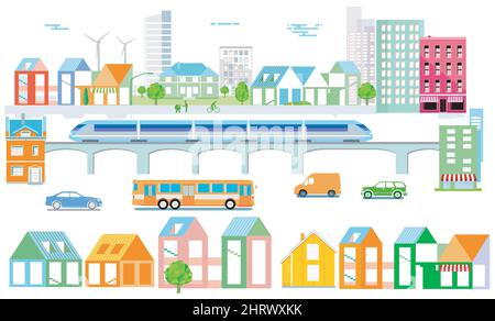 Häuser Autos und Schnellzug, Abbildung, Stock Vektor