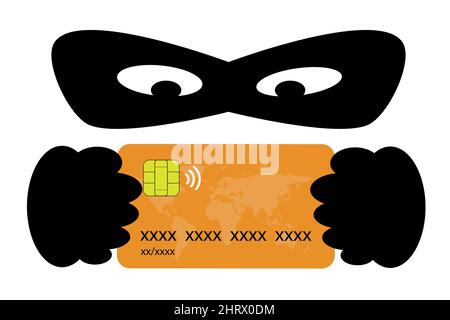 Phishing-Konzept. Dieb mit einer Maske hinter einer Kreditkarte. Betrug und Diebstahl von Bankdaten Stock Vektor