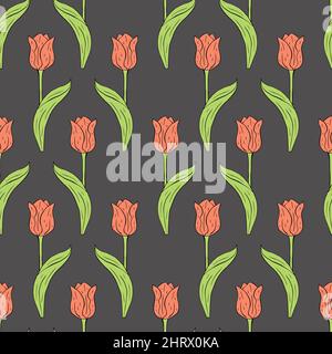 Vintage Nahtloses Muster mit rosa Tulpen Blumen und Blättern auf grau Stock Vektor