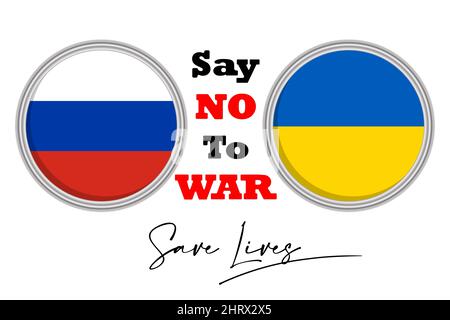 Ikonen mit russischen und ukrainischen Flaggen mit Aufruf zum Nein zum Krieg. Rettet Leben. Vektorgrafik. EPS10. Stock Vektor