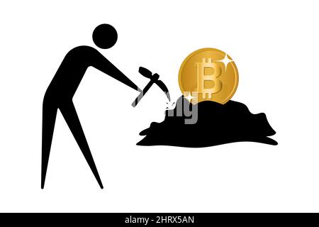 Bitcoin-Mining-Konzept. Symbol eines auf weißem Hintergrund isolierten Minenarbeiters. Vektorgrafik Stock Vektor