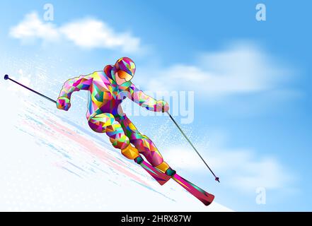 Skifahrer auf einem verschneiten Hang. Der Skifahrer geht auf Skiern vor dem Hintergrund des Himmels und der Wolken hinunter. Stock Vektor