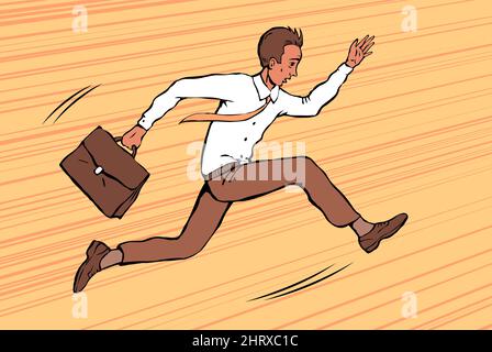 Ein junger Geschäftsmann mit einer Aktentasche in der Hand hat es eilig. Läuft mit hoher Geschwindigkeit. Vektor Cartoon Illustration Pop Art gezeichnet Stock Vektor