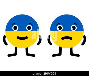 Zwei Zeichen in Form einer nationalen ukrainischen Flagge. Glückliches und trauriges Cartoon-Emoticon wird als Ukraine dargestellt. Niedliche Emoji-Gesichter symbolisieren die Situation Stock Vektor