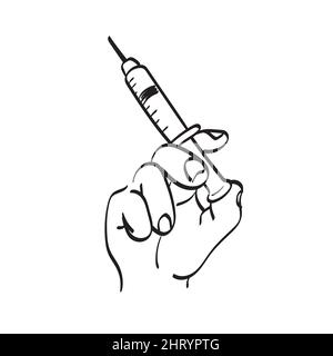 Linie Art Nahaufnahme Hand mit Spritze Illustration Vektor Hand isoliert auf weißem Hintergrund gezeichnet Stock Vektor