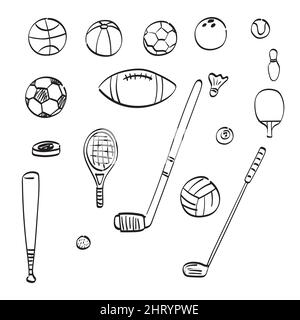 Linie Kunst Satz von Sportausrüstung Illustration Vektor Hand gezeichnet isoliert auf weißem Hintergrund Stock Vektor