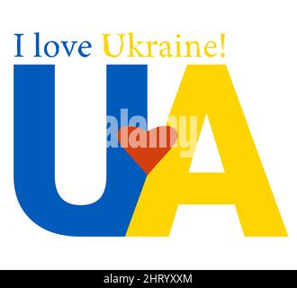 Ukrainisches Symbol. UA - gelb-blaue Buchstaben mit rotem Herzen und Text in Englisch - Ich liebe dich. Die Farbe der ukrainischen Flagge. Vektorgrafik. Stock Vektor