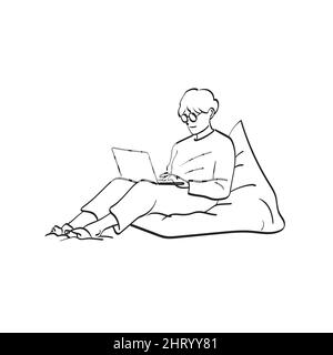 Linie Kunst Mann mit Brille mit Laptop-Computer auf Bohne Rückseite Illustration Vektor Hand gezeichnet isoliert auf weißem Hintergrund Stock Vektor