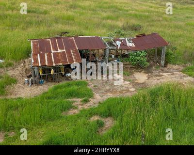 Ein alter verfallener und verlassener Schuppen eines Milchbauern, der auf dem Land brach. Stockfoto