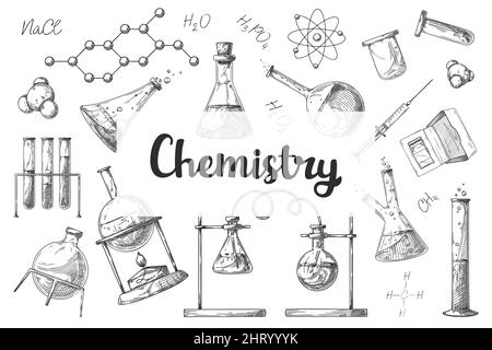 Set aus verschiedenen pharmazeutischen Kolben, Bechergläsern und Reagenzgläsern. Eine Skizze von chemischen Laborobjekten. Symbol für Entdeckung und Chemie. Stock Vektor