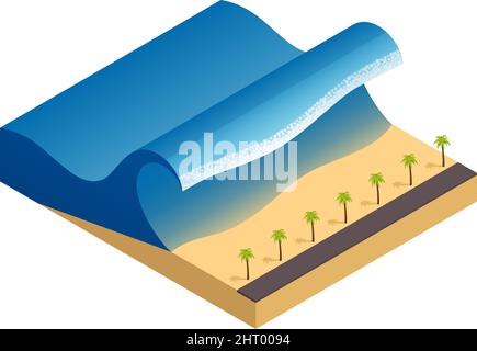 Isometrische Zusammensetzung der Naturkatastrophe mit Darstellung der Meeresküste, die von Tsunami-Wellenvektoren bedeckt ist Stock Vektor