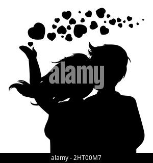 Silhouette eines Mannes und einer langhaarigen Frau, die Herzen in die Luft werfen und ihre Liebe symbolisieren. Design in schwarz und weiß. Stock Vektor