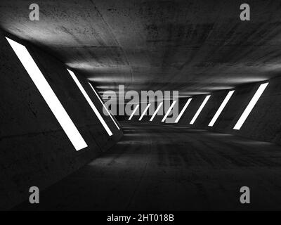 Tunnelinnenraum aus dunklem Beton mit Leuchten an den Wänden, abstrakter dunkler Hintergrund, 3D Rendering Illustration Stockfoto