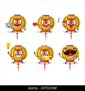 Gelbe chinesische Lampe Zeichentrickfigur mit verschiedenen Arten von Business-Emoticons. Vektorgrafik Stock Vektor
