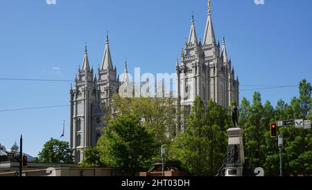 Wunderschöne Aussicht auf den historischen Salt Lake City Tempel in Utah Stockfoto
