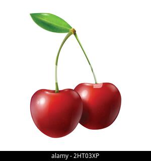 Realistische Beeren Zusammensetzung mit isolierten Bild von Kirsche mit reifen Blättern auf leeren Hintergrund Vektor-Illustration Stock Vektor