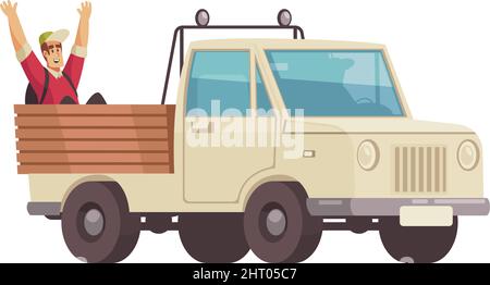 Anhalter Autostop Komposition mit Doodle Stil Charakter der Reisenden Mann in LKW Körper Vektor-Illustration Stock Vektor