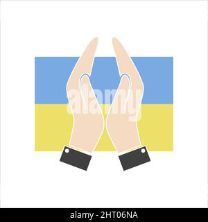 Betende Hände mit der Nationalflagge der Ukraine, Betet for Ukraine Konzept, Save Ukraine, Cartoon-Grafik, Zeichen Symbol Hintergrund, Vektor-Illustration. Stock Vektor