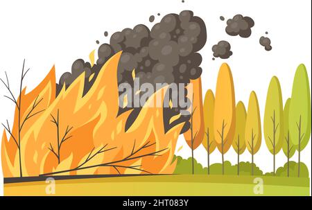 Natürliche Katastrophe Cartoon Komposition mit Outdoor-Landschaft und Blick auf Waldbäume unter Feuer Vektor-Illustration Stock Vektor