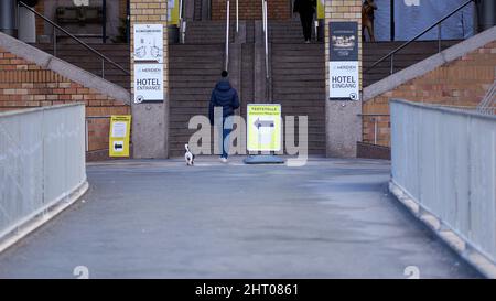 Stuttgart, 06. Januar 2022: Teststelle für Corona Rapid Check Antigen auch pcr. Junge Frau geht mit Hund. Testen von 2G Plus-Regeln. Stockfoto