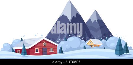 Naturkatastrophen Cartoon Komposition mit verschneiten Landschafthäusern und Bergen mit Lawinenvektor Illustration Stock Vektor